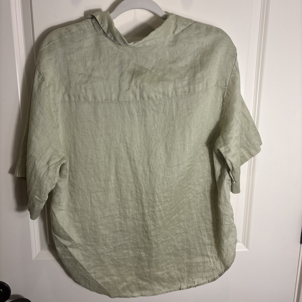 H&M Linen Shirt Sage Women Size Medium Button Front Short Sleeve Coastal Top - Picture 4 of 6